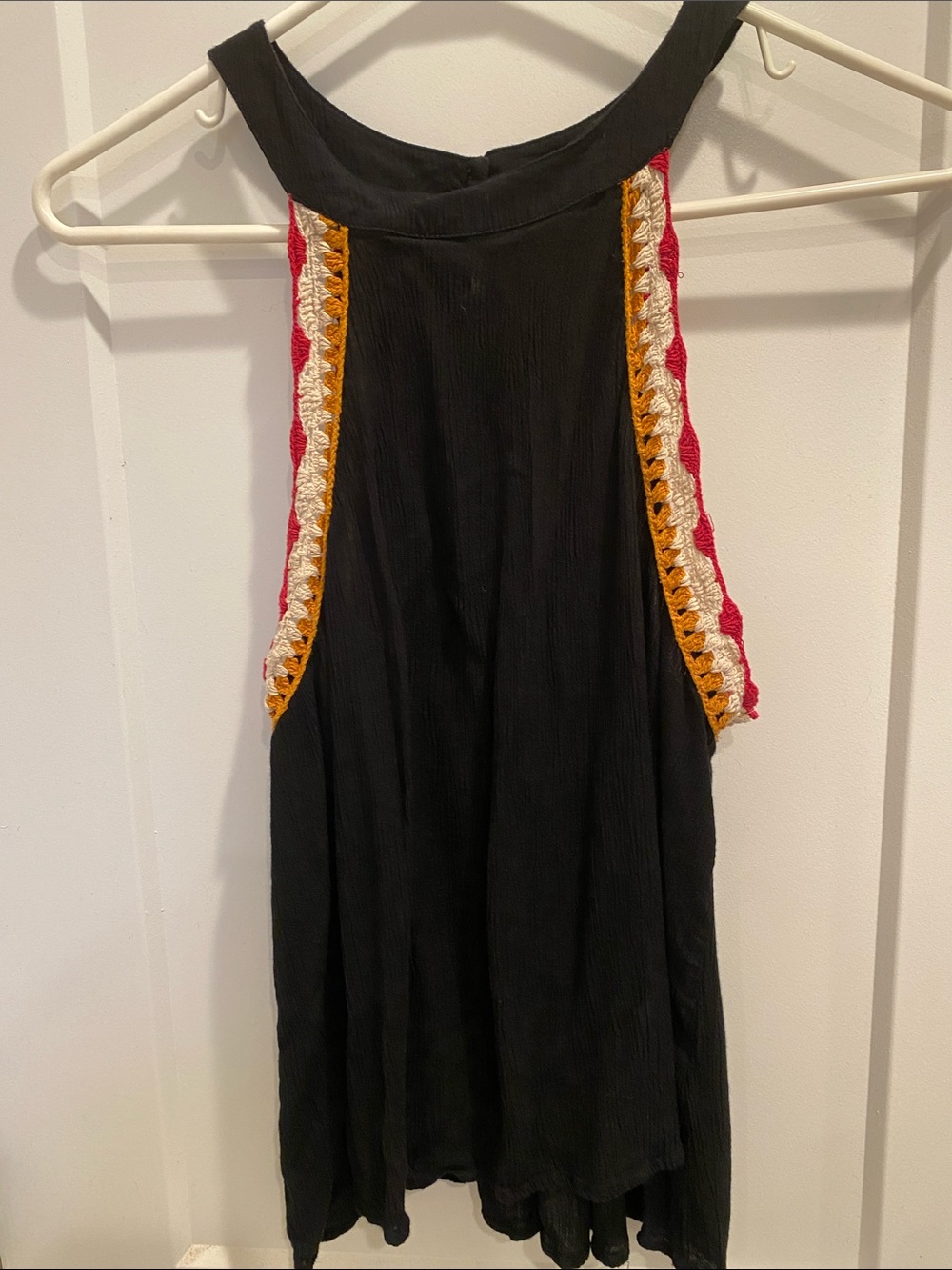Derek Heart Black Halter Tank with Red, Cream & Gold Crochet Trim Gauze Material